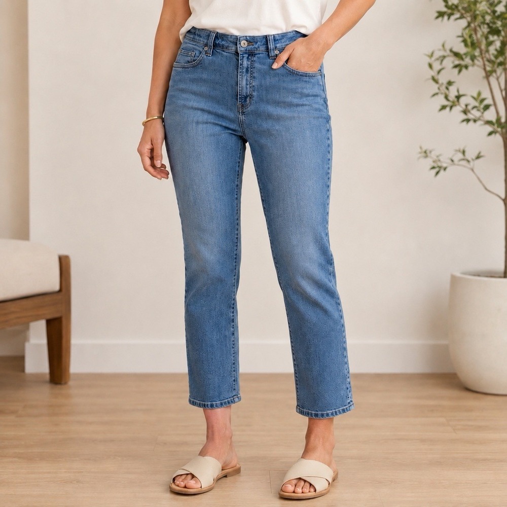 Chicos Platinum Jeans Womens 2.5 Short Med Wash Stretch Denim Straight Leg‎